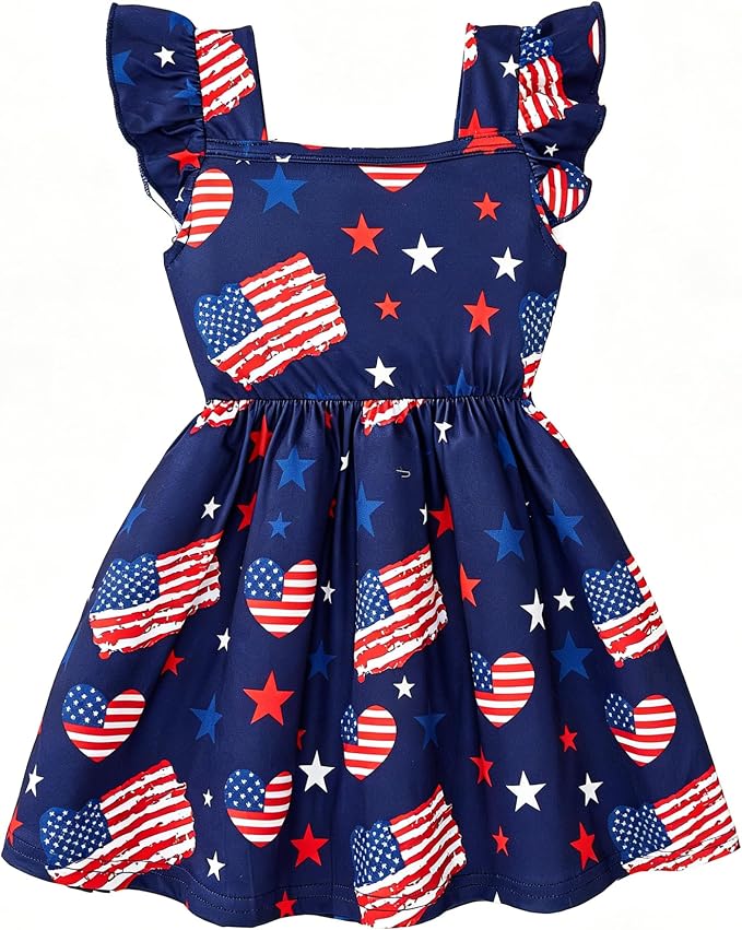 Popshion Girls Dresses Flutter Sleeve Swing Sundress Toddler Summer Clothes Kid Birthday Party Sleeveless Dress 1-8 Years Old
