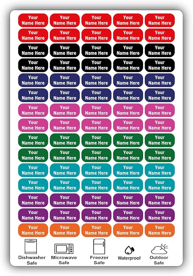 75 Personalized Waterproof Name Labels. Press and Stick Multi use Custom Name Labels. Customized 2 Lines of Text and Color. ID Identification Name Stickers with Permanent Self Adhesive.