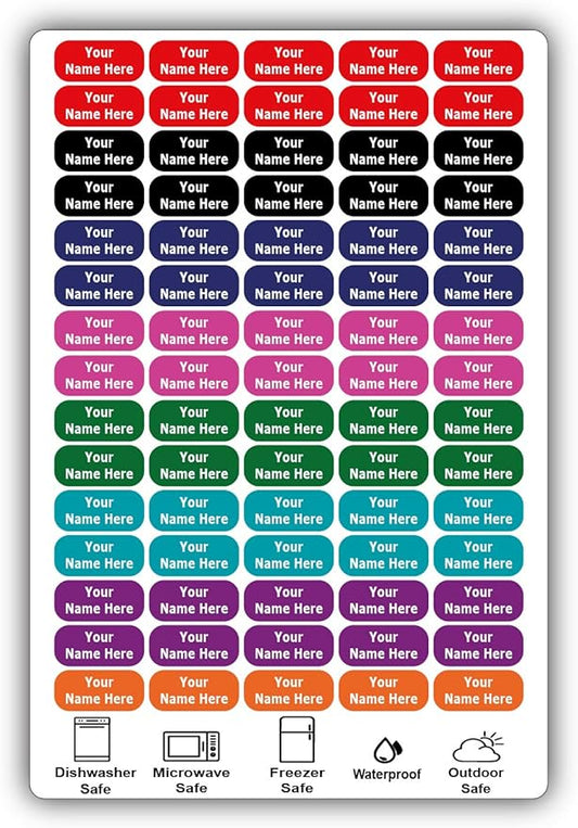 75 Personalized Waterproof Name Labels. Press and Stick Multi use Custom Name Labels. Customized 2 Lines of Text and Color. ID Identification Name Stickers with Permanent Self Adhesive.