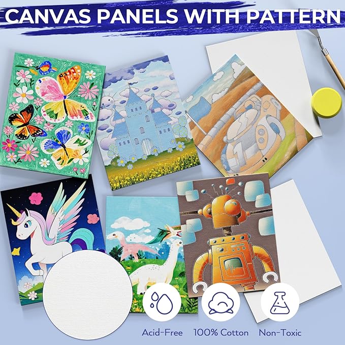 Nicpro 72PCS Kids Painting Set with Pattern Canvas, Art Painting Supplies Kit with 24 Acrylic Paints,10 Brushes, 8 Canvas Panels,Table Easel,Paper Pad,Color Wheel,Palette for Beginner Students