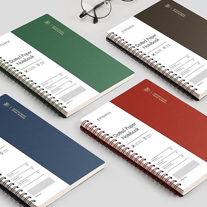 EMSHOI Dotted Journal Spiral Notebook 5.7" x 8.22" - 4 Pack 640 Pages 100gsm Thick Paper, A5 Dot Grid Notebook, Plastic Hardcover Dotted Notebook for Journaling Writing
