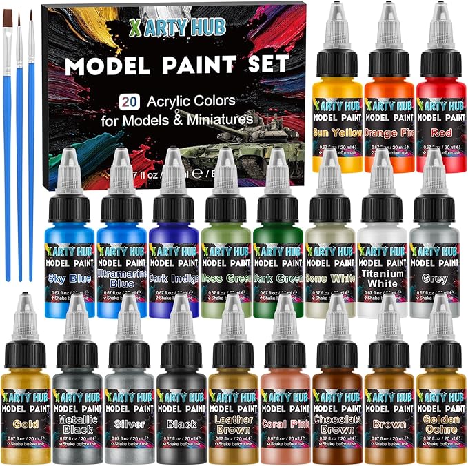 X ARTY HUB Model Paint Set - 20 Colors with 3 Brushes, Miniature Paints (Base/Skin Tones/Shadows/Metallics) for Airbrushing & Hand Painting, Acrylic Paint for Models, Miniatures & Wargaming Props