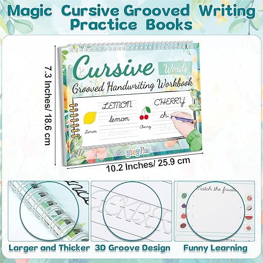 gisgfim Grooved Cursive Handwriting Workbook Magic Reusable Grooved Cursive Handwriting Practice Guided Tracing with Disappearing Ink Pens for Beginners Kids Learning Activities Supplies (Words)