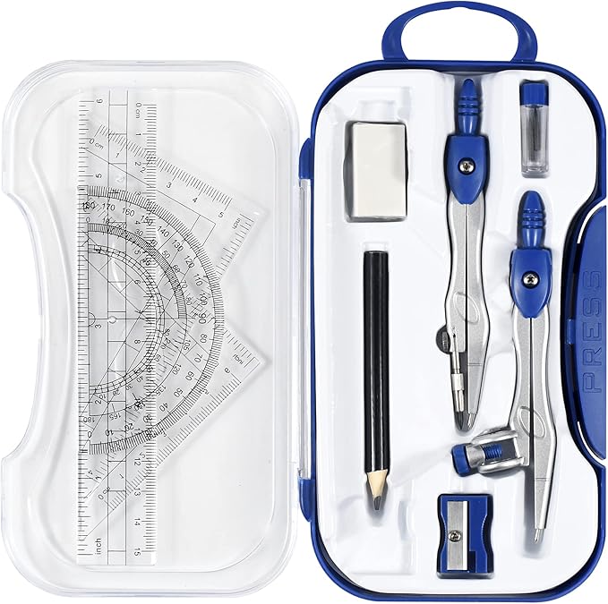Unjoo Math Geometry Kit Sets 10 Piece Student Supplies with Shatterproof Storage Box,Includes Rulers,Protractor,Compass,Eraser,Pencil Sharpener,Lead Refills,Pencil,for Drafting and Drawings（Navy blue）