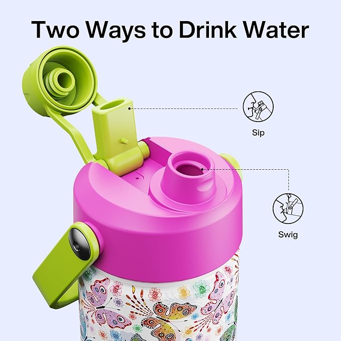 ENCOOL Insulated Water Bottle with Straw Stainless Steel Water Bottle, Leak-Proof, BPA-Free, Double Wall Vacuum Keeps Cold for 24 Hours for Sports, Travel, School (26 oz, Aesthetic Butterfly)