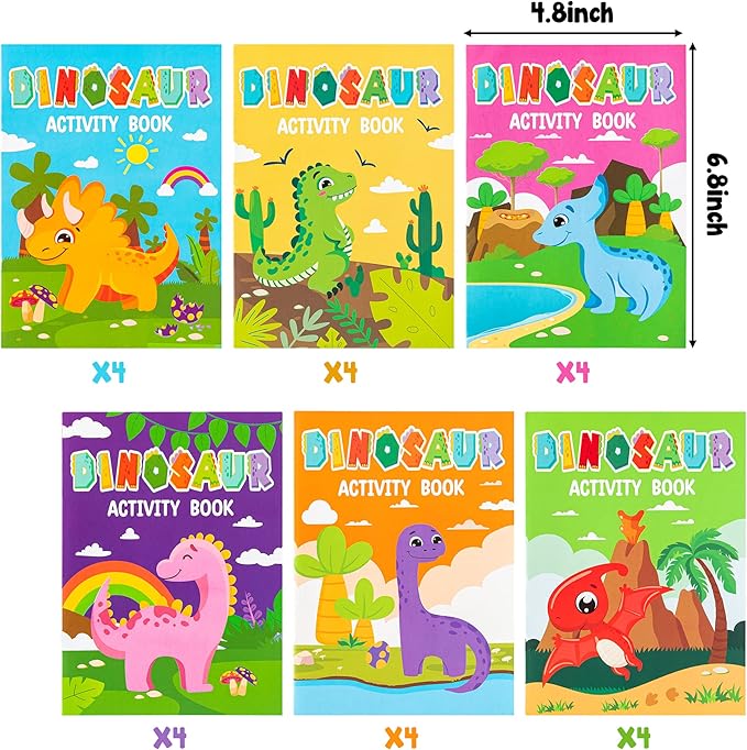 JAPBOR 24pcs Dinosaur Activity Coloring Books for Kids Party Favors, Mini Art Color Pages Drawing Booklet Supplies, Birthday Painting Games Theme Doodle Small Colouring Book Bulk Goodie Bag Filler