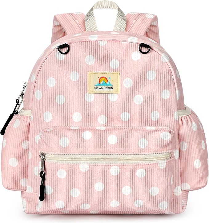 STEAMEDBUN Corduroy Toddler Backpack for Girls 2-4: Kids backpack for Boys Girls - 12 inch Preschool Kindergarten Backpacks - Polka Dot