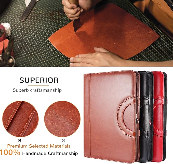 Darolin Vegan Leather Padfolio Portfolio with Handle & Clipboard, Zippered Business Portfolio Organizer for Meetings, Interviews & Travel, Fits A4 & Letter Size, Padfolio for Men Women (Brown)