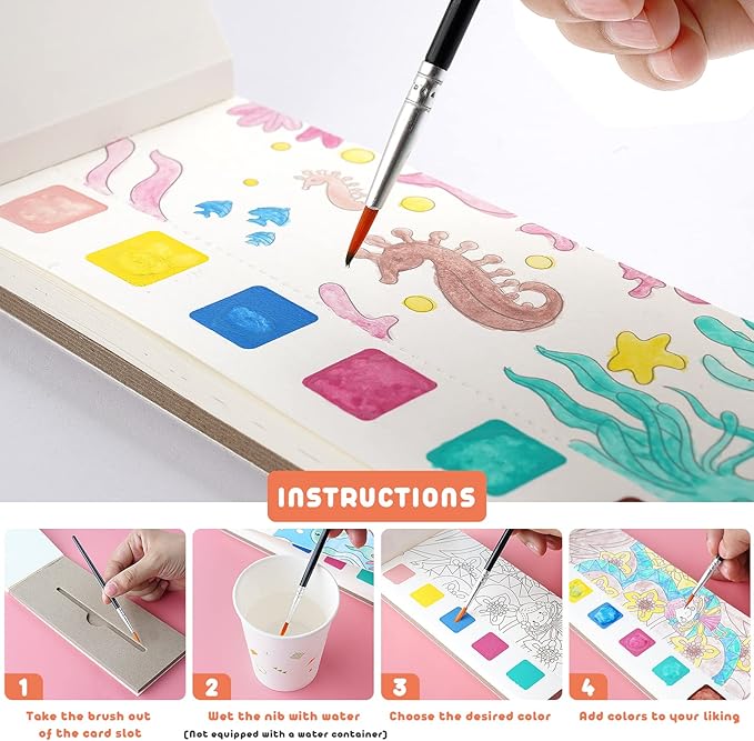 Cavnewt Pocket Watercolor Painting Book,21-Pages,Travel Paint Watercolor Coloring Book Set for Kids 3-8 Years Old,Boys and Girls Party Birthday Thank You Exchange Art Craft Gifts-Undersea World