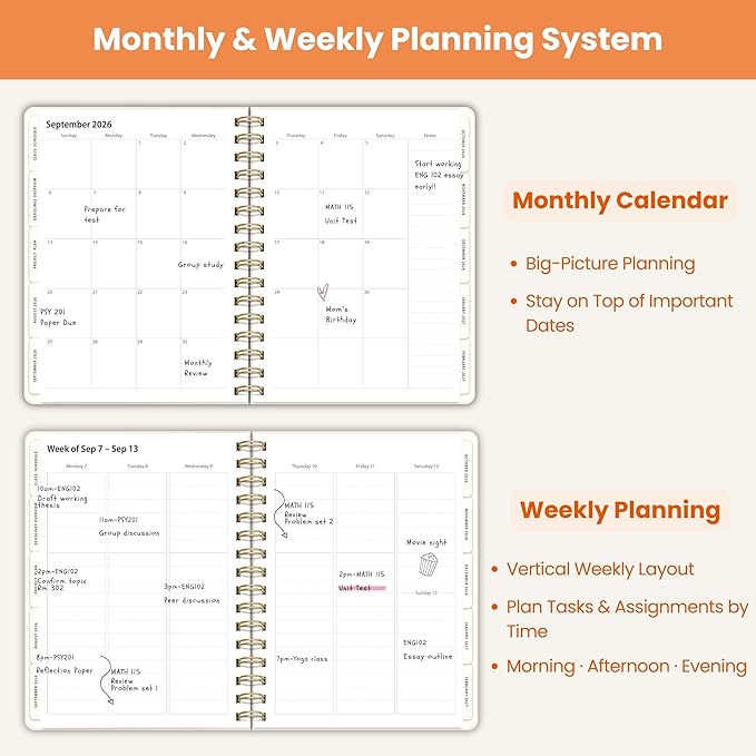 Academic Planner Aug 2026-Jul 2027, A5 Size, Student Planner with Monthly & Weekly Layout, Spiral Planner with Tabs, Class Schedule, Major Deadlines & Project Planning (Cream White)