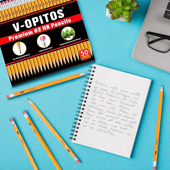 V-Opitos Wood-Cased #2 HB Pencils, 50 Pack Bulk Yellow Pencils with Erasers, Pre-Sharpened, School Classroom Teacher Supplies for Writing, Drawing and Sketching