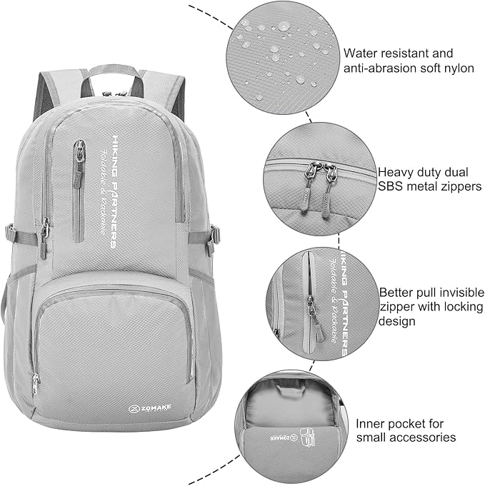 ZOMAKE Lightweight Packable Backpack, 35L Foldable Daypack (Silver Grey) | Light Hiking Backpacks Water Resistant Collapsible Day Pack for Travel, Everyday Carry, Multi-Pocket Layout, Heavy Duty Nylon