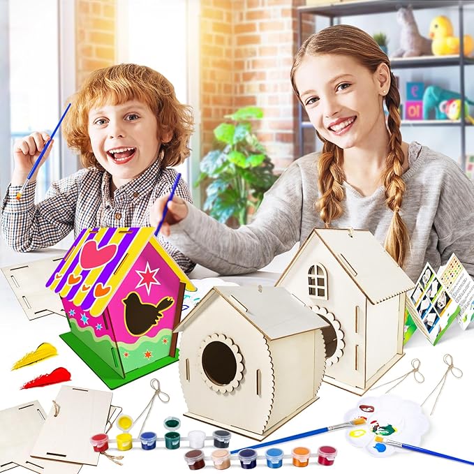 Heyzeibo 3Pack Birdhouse Kit, Craft Kits for Kids to Build and Paint Bird House, Easter DIY Wooden Arts and Crafts for Girls Boys Toddler