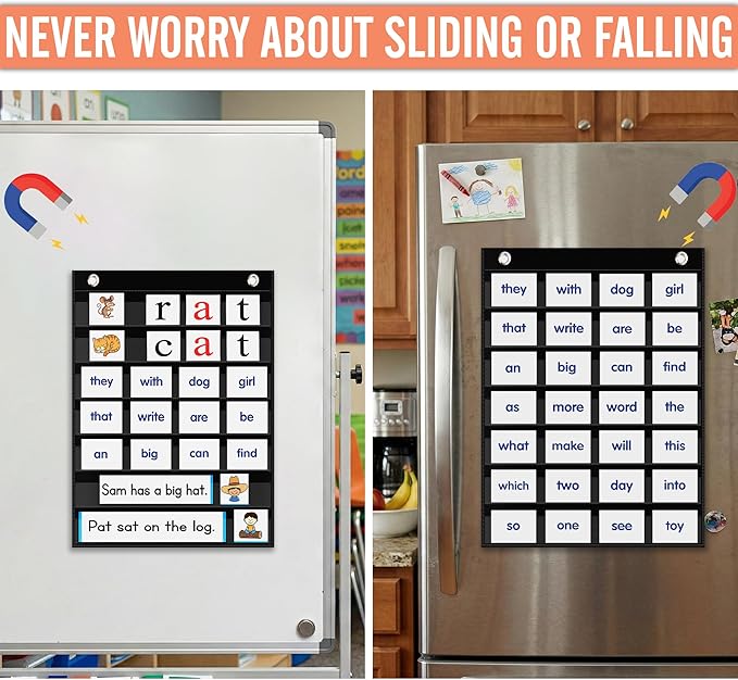 Magnetic Pocket Chart for Classroom - Small 7 Pocket Chart for Word Wall Daily Schedule Sentence Strips Sticker Display, Black Teacher Supplies for Preschool Elementary & Home