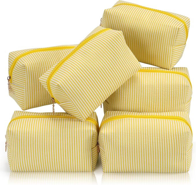 Makeup Bag Set for Women, 6PCS Travel Cosmetic Bags Pencil Case, Striped Seersucker Toiletry Organizer Pouches, Cute Makeup Pouch for Purse, Accessories and Gifts, Yellow