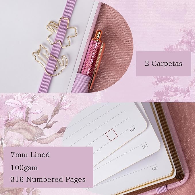 TIEFOSSI A5 Lined Journal, Cute Cat Journal for Women Girls, College Ruled Notebook with Pretty Sakura Pattern, Aesthetic Diary for Writing Journaling Drawing, Golden Edges