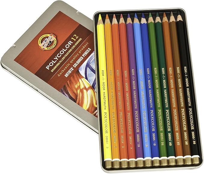Koh-I-Noor Polycolor Drawing Pencil Set, 12 Assorted Colored Pencils in Tin and Blister Carded, 1 Each (FA3816.12BC)