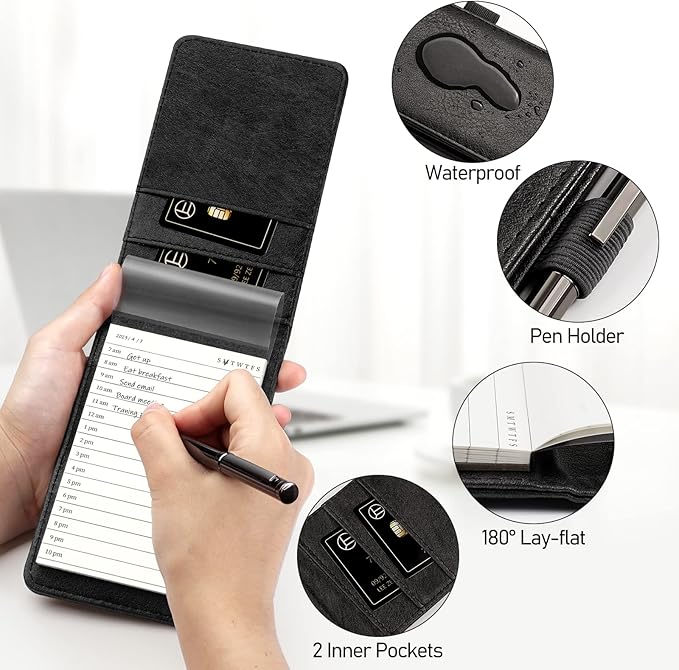 WEMATE 10 Pieces Small Notepad Holder Set Pocket Notebook - Included Mini Pocket Notepad Holder Set with 8 Memo Book Refills and Metal Pen for Meetings, Daily Records, and Notes 3 x 5 Inch (Grey)