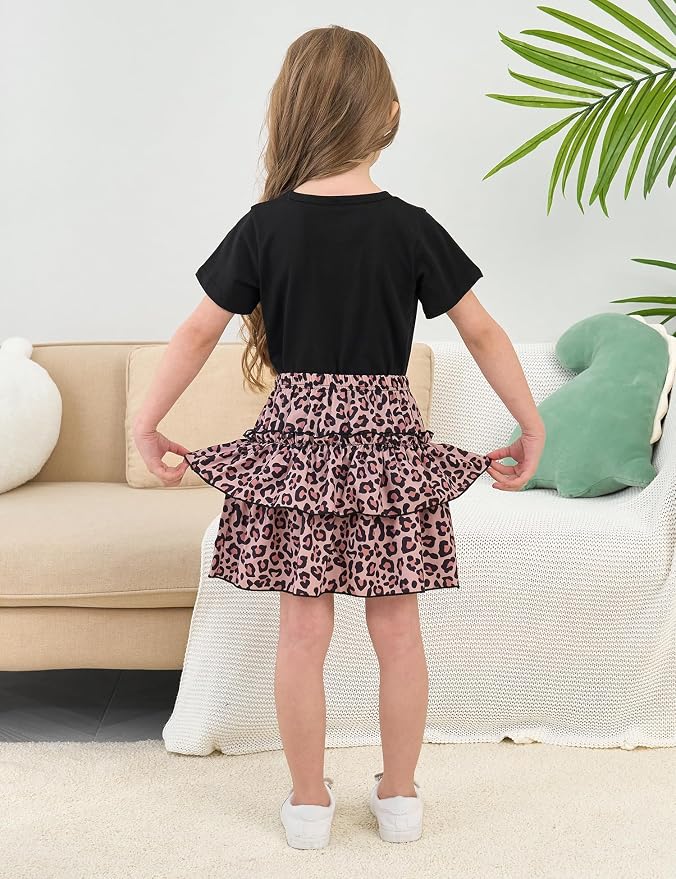 Little Girls Skirt Set - 2 Piece Short Sleeve Top Shirred Tiered Skirt Outfit Girls Spring Summer Clothes 3-8 Years