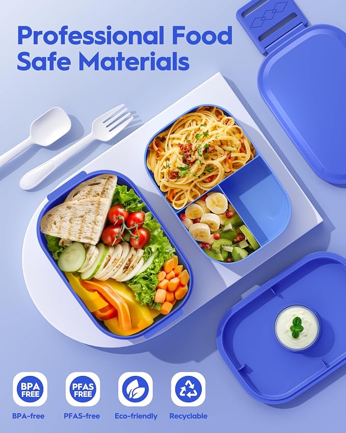 BiuLeon Bento Box Adult Lunch Box, 65 Oz Capacity Lunch Containers(Adjustable 2/3 Tier), BPA-Free, Leak-Proof and Stackable Bento Lunch Box, Microwave & Dishwasher Safe with Utensils(Blue)