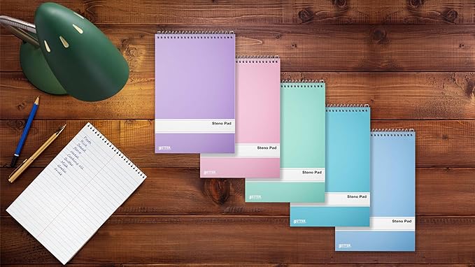 Better Office Products Steno Pads Spiral 6x9, 10 Pack, Gregg Ruled, 80 Sheets, Assorted Pastel Covers, Steno Notebooks Top Spiral for Note Taking