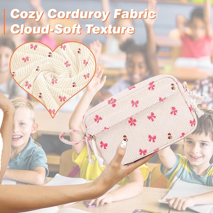 Big Capacity Pencil case,Soft Corduroy Pencil Bag with 3 Compartment,Pencil Pouch School Supplies Cute Pencil Box Pencil Bag for Teen Girls Boys College (Bow With Cherry)