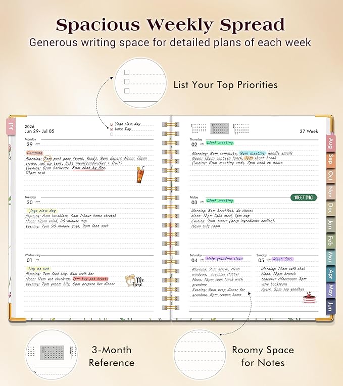 Academic Planner 2026-2027, Hardcover Weekly and Monthly Calendar Planner from July 2026 - June 2027, 8.5" x 11" A4 Large Daily Agenda with Tabs, College School Organizer for Student Teacher, Ivory Wild Flowers