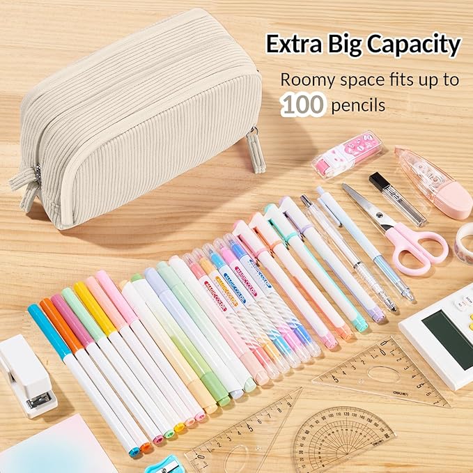 Sooez Big Capacity Pencil Case Pen Pouch, Soft Corduroy Pencil Bag with 3 Compartment, Multiple Pockets, Sturdy Zipper, Cute School Supplies Pen Bag Organizer For Teen Girls College, Beige