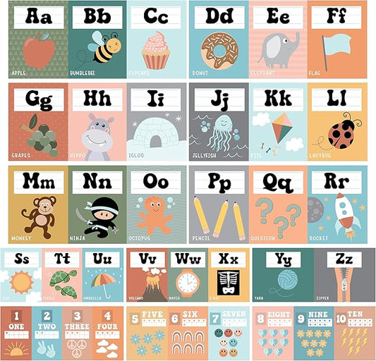 Hadley Designs Alphabet for Classroom Wall Decor - ABC Posters for Classroom Wall Chart Preschool & Kindergarten, ABC Letters & Number Line Elementary, Alphabet Cards, Retro Classroom Decor