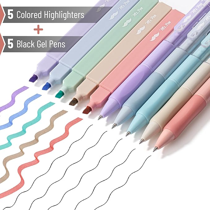Mr. Pen- Aesthetic Highlighters and Gel Pens, 10 Pack, Pastel Colors Bible Highlighters No Bleed, Black Ink Gel Pens, Fast Dry and No Smear for Bible Journaling, Planner, School Supplies
