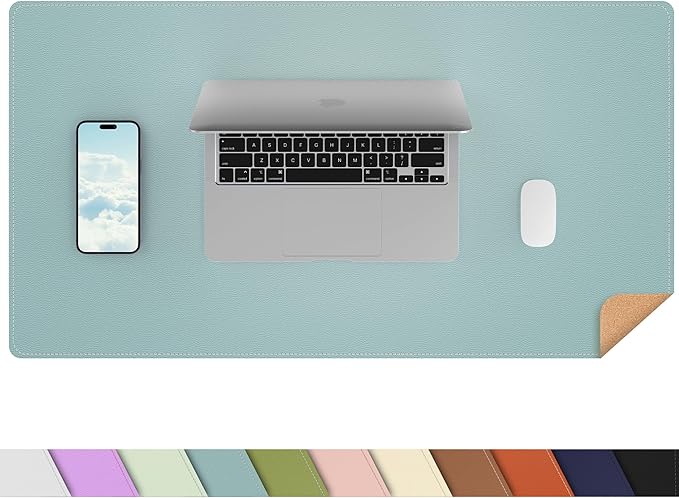 AFIING Cork Desk Mat 31.5" x 17", Waterproof Dual-Sided Cork & PU Leather Desk Pad, Non-Slip Desk Protector for Home Office, Workspace Setup & Gaming, Light Blue