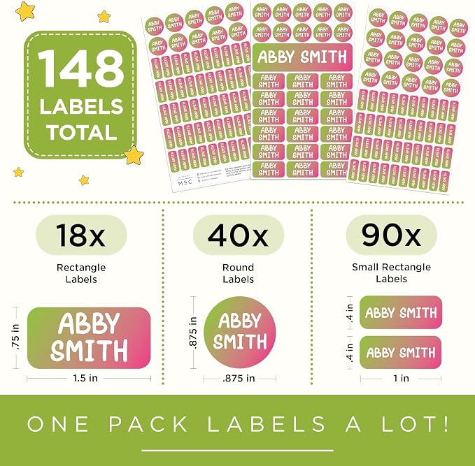 Personalized Daycare Name Labels for Kids, 148 Pack Waterproof Custom Name Stickers for Clothing Tags, Lunch Boxes and School Supplies, Made in USA by MSC - Gradient