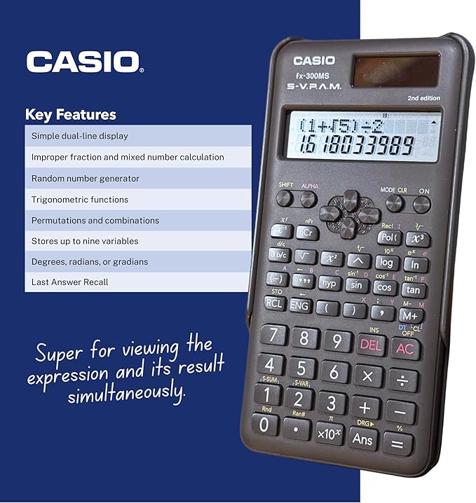 Casio fx-300MS Plus 2nd Edition – Standard Scientific Calculator with 2-Line Display | 10-Digit LCD, Trig, Stats, Fractions | Ideal for High School Algebra, Trigonometry & Test Prep