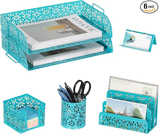 EasyPAG Desk Organizers and Accessories 5 Pieces Office Supplies Set - 2 Tier Paper Tray, Pencil Organizer for Desk, Mail Sorter Countertop, Business Card Holder and Sticky Note Holder, Dark Teal