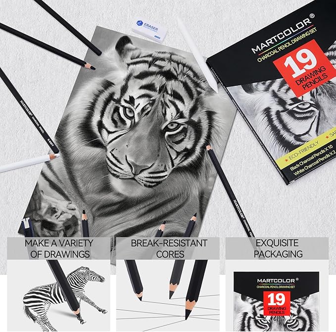 MARTCOLOR Charcoal Drawing Set, 19 Pieces, Black & White Charcoal Pencils for Drawing, Sketching, Shading, Blending, Artist Pencils for Beginners & Pro Artists