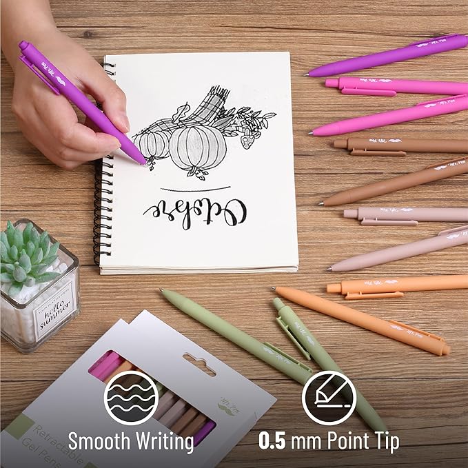 Mr. Pen- Retractable Gel Pens, 12 Pack, Black Ink, Late Harvest Color Barrel, Fine Point 0.5mm, Fast Dry, Smooth Writing, Cute Pens for Drawing, Writing Planner and School Supplies