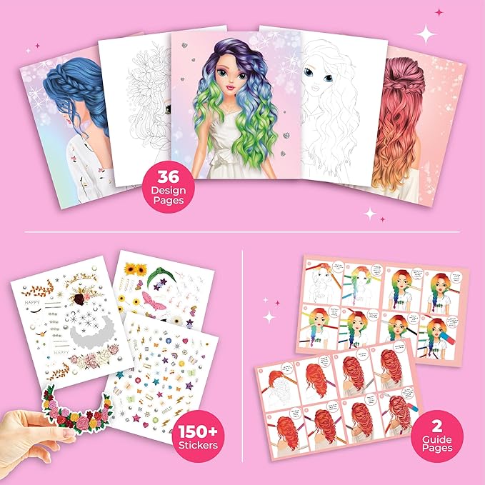 BSCOOL Create Hairstyles & Nail Designs Book Set for Girls Ages 5 and Up – Hair Design & Nail Art Sticker Books with Guides – Creative Birthday Gift for Kids