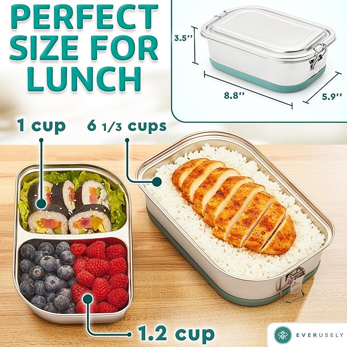 Stainless Steel Bento Box - Tiered Lunch Box for Adults - 2 Compartments Metal Food Container - Leakproof Lockable Lid with Silicone Ring - Removable Compartmented Layer - by Everusely