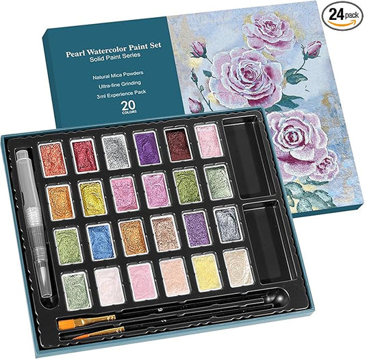 CraftyManor 3ml Glitter Watercolor Paint Set with Paper, 24 Colors Shimmer Metallic Watercolour Painting Sets, Solid Pearl Water Color Paints for Adult, Rococo Style (Rococo 24Colors-L)