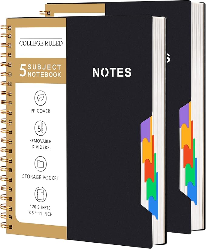 CAGIE 2 Pack 5 Subject Notebook College Ruled 8.5 X 11 Notebooks for Work School Note Taking with Removable Dividers & Pocket Hardcover Spiral Lined Journal Notebook, School Supplies, Black