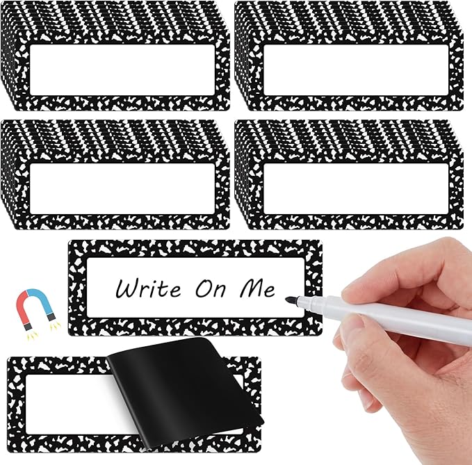 Eaasty 48 Pcs Dry Erase Magnetic Label Back to School Magnetic Name Labels Colored Black White Composition Dots Reusable Name Tag for Whiteboard Office Home(Not Include Pen)(Composition Notebook Dots)