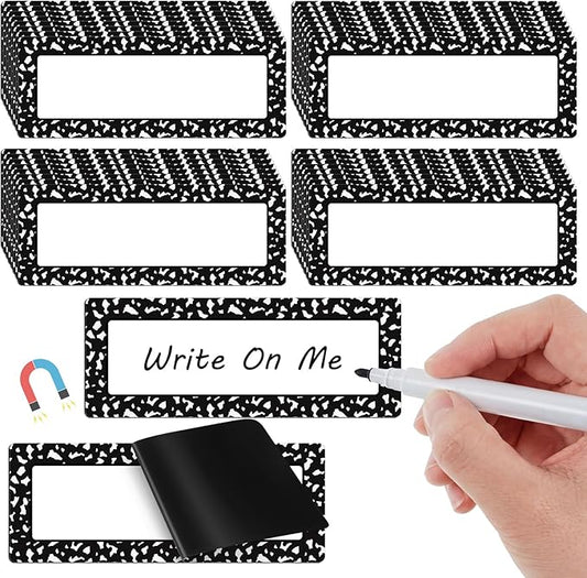 Eaasty 48 Pcs Dry Erase Magnetic Label Back to School Magnetic Name Labels Colored Black White Composition Dots Reusable Name Tag for Whiteboard Office Home(Not Include Pen)(Composition Notebook Dots)