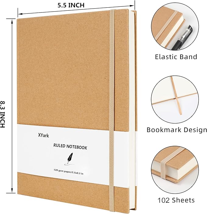 A5 Line Kraft Notebook Journals Bulk, College Ruled Hardcover Writing Subject Composition Notebooks with Lined Paper, 2 Pack, 120GSM, 102 Sheets, 5.5x8.3 inch, Travel Journal Set