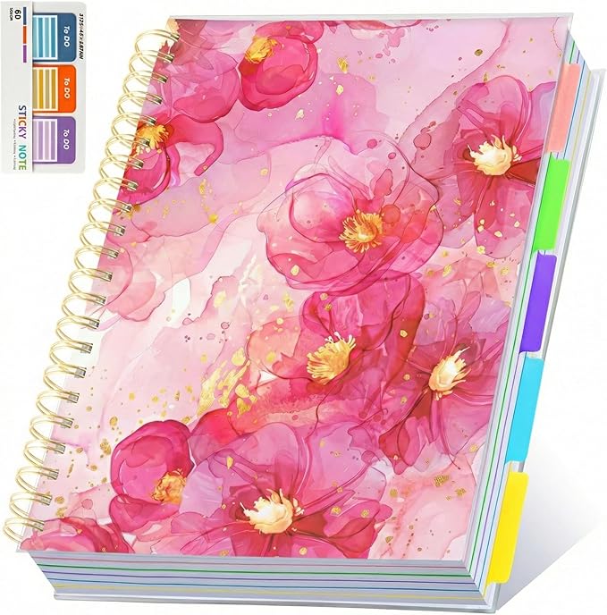 5 Subject Notebook for Work with Removable Dividers Tabs, Large 8.5" x 11 Spiral Lined Notebooks for School Note Taking & Organizer, A4 240 Pages College Ruled Journal for Women & Writing, Pink Floral