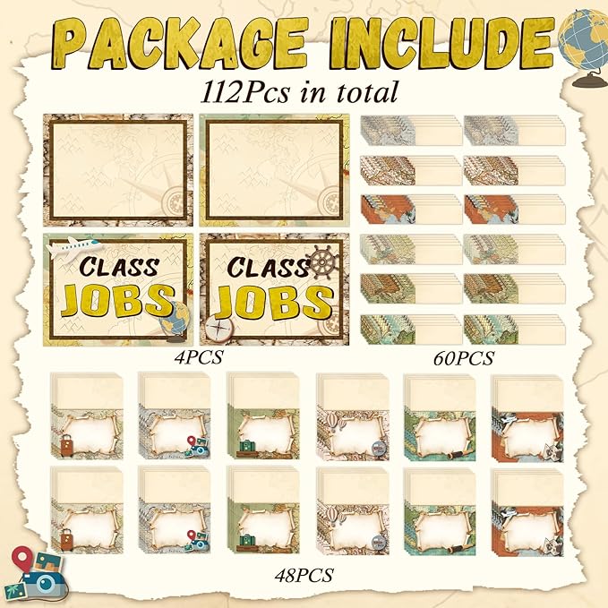 112 Pcs Travel Theme Bulletin Board Decor Adventure Class Jobs Chart for Classroom Bulk with 48 Pockets & 60 Cards Teacher's Helper Posters Writable Labels for Class Management & School Supplies