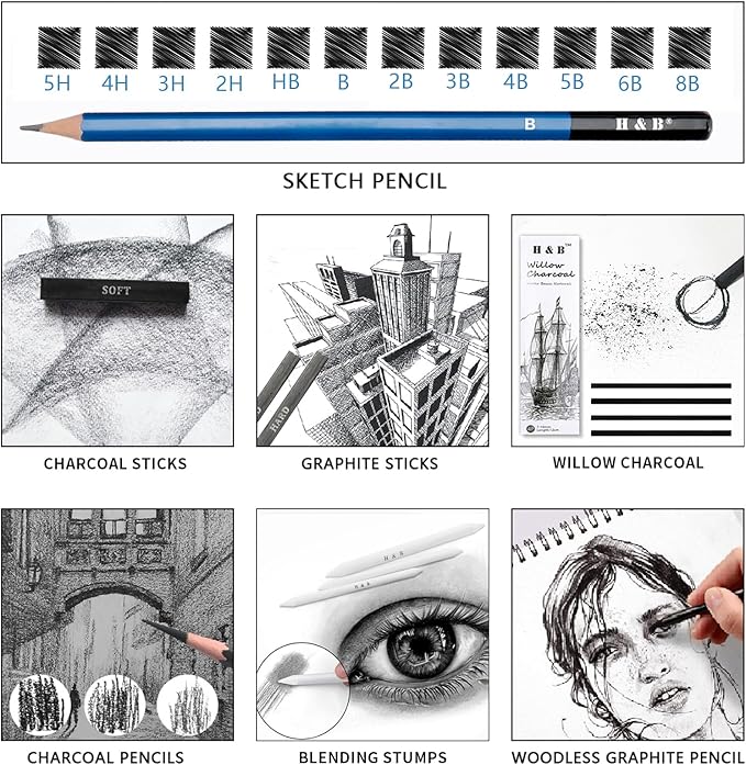 H & B 36 Pack Drawing Set Sketch Kit,Sketching Supplies with 2 sketch pad, Graphite Pencils, Charcoal Sticks, Eraser, Pro Art Drawing Kit for Artists Beginner Adults, Ideal for Shading, Blending