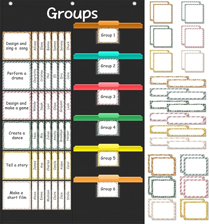 Small Group Management Pocket Chart for School, Class Jobs Chart with 48 Pockets & 84 Cards, Small Group Organizer for Classroom, Teacher Supplies (Black)