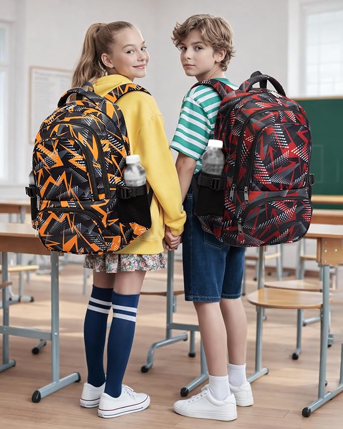 BLUEFAIRY Kids School Backpack for Boys Girls Ages 6-8 8-10 10-12 Elementary Middle School Book Bags with Laptop Compartment Mochilas Escolares para Niños Niñas de 8 10 12 Años (Orange, Geometric)