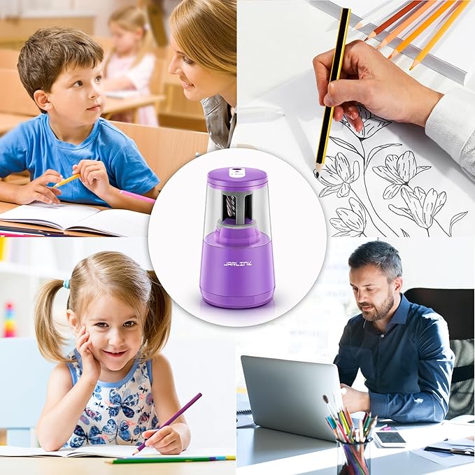 JARLINK Electric Pencil Sharpener, Heavy-Duty Helical Blade to Fast Sharpen, Auto Stop for No.2/Colored Pencils(6-8mm), AC Adapter/Battery Operated in School Classroom/Office/Home (Purple)