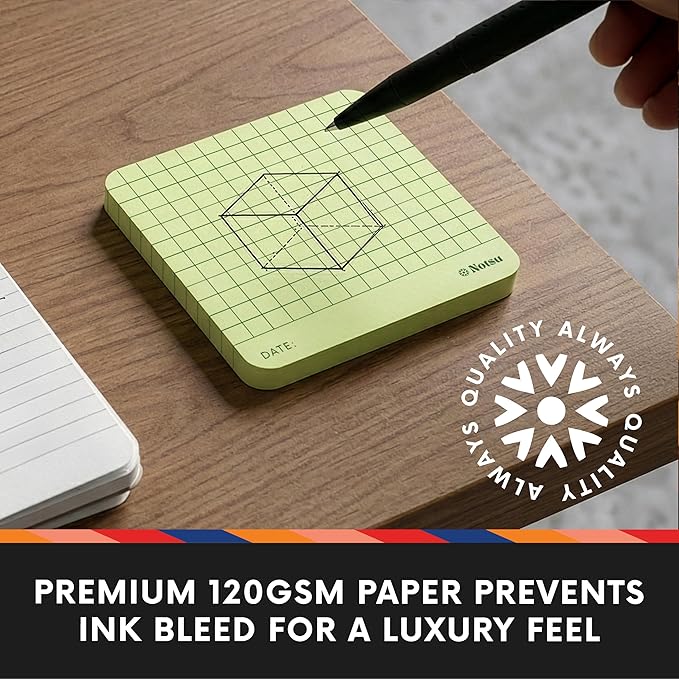Notsu Graph Grid Sticky Notes 4pk | Premium Thick Paper 120g | Colorful Pastel Graphing Memo Pads with Date, 3" x 3"